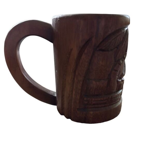 Vintage Hand Carved Wooden Tiki Mug - Picture 1 of 8